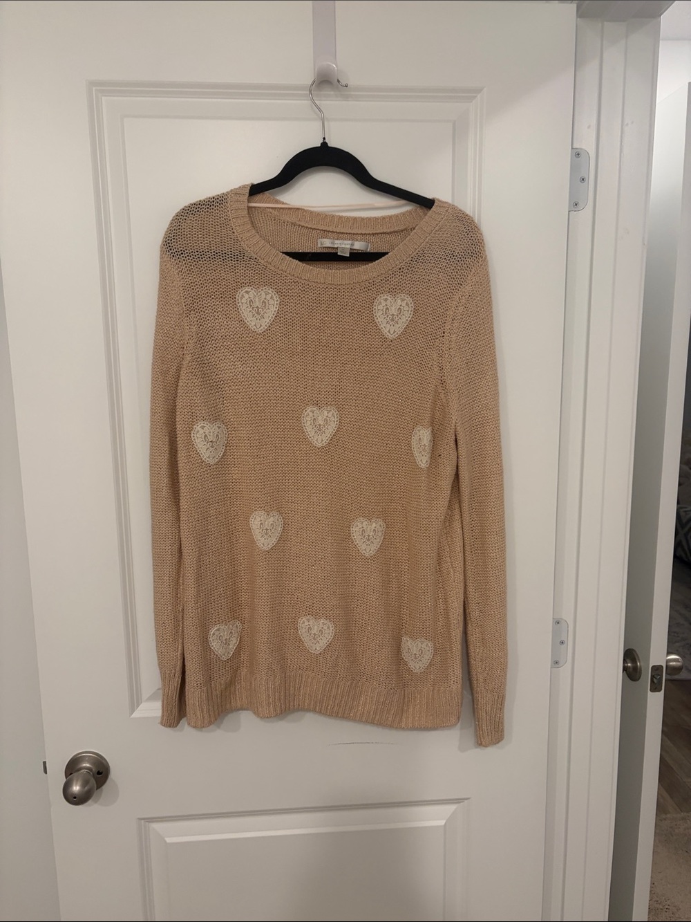 LC Lauren Conrad Beige Knit Sweater with Cream Heart Motifs